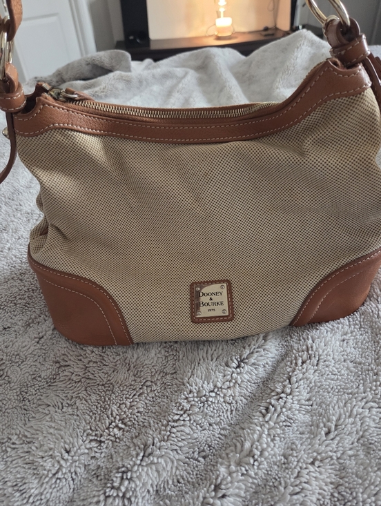 Dooney & Bourke Handbags - Dooney & Bourke Tan Canvas and Brown Leather Shoulder Bag